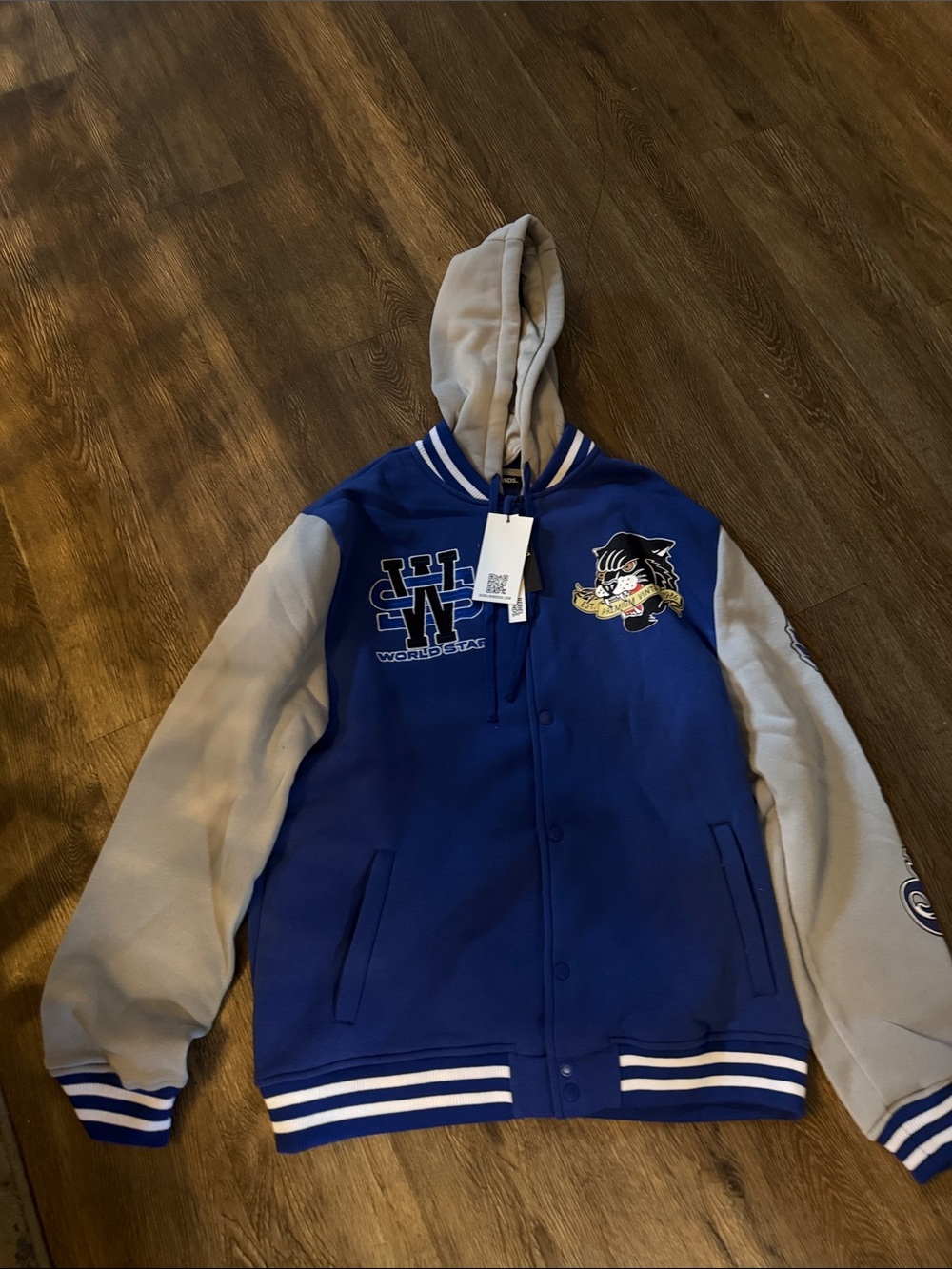 Men's Blue and Gray Hooded Varsity Jacket with Embroidered Crest